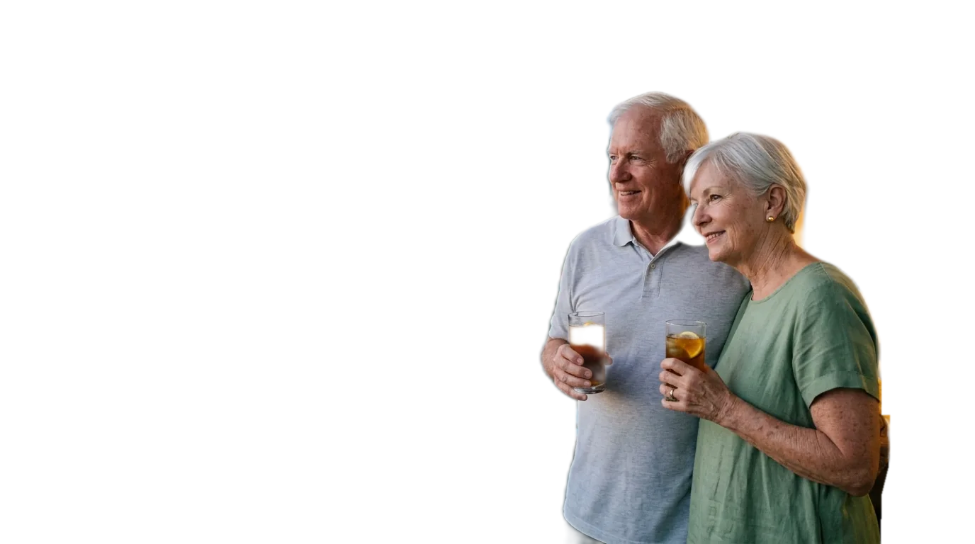 Illustration: a retired couple with glasses of iced tea on their balcony above Cebu City at dusk