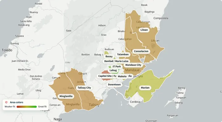 Our Cebu map, with the 15 areas of Cebu City and nearby coloured from weaker fit to great fit