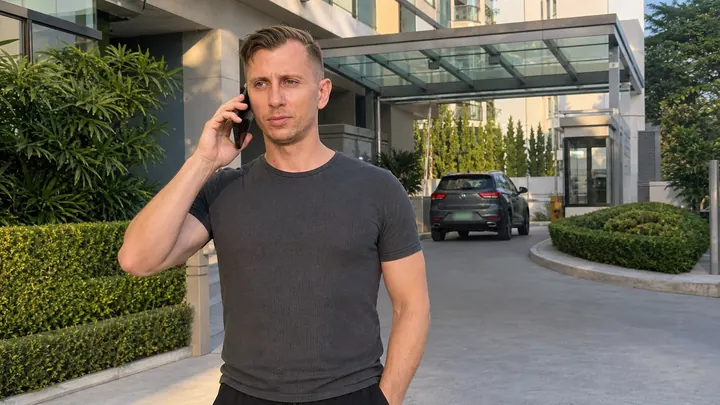 Valery on the phone outside a condo building