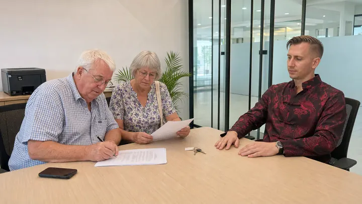 A couple reading a lease at a table with Valery