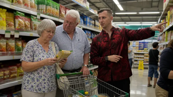 Valery showing a couple around a supermarket