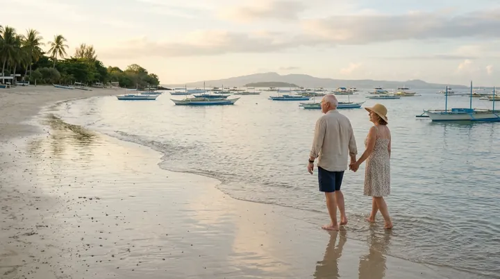 An older couple walking hand in hand along the water on a Mactan beach