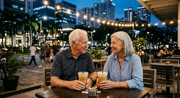 An older couple at an outdoor café in IT Park in the evening