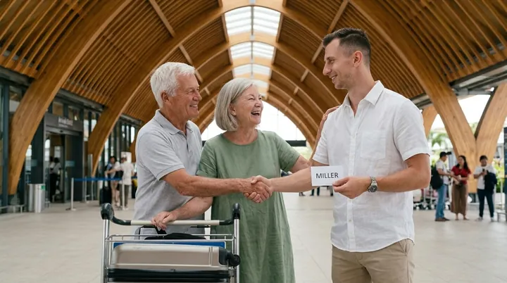 Our partner on Cebu shaking hands with a retired couple under the wooden arches of the airport hall, the wife laughing, their luggage trolley beside them