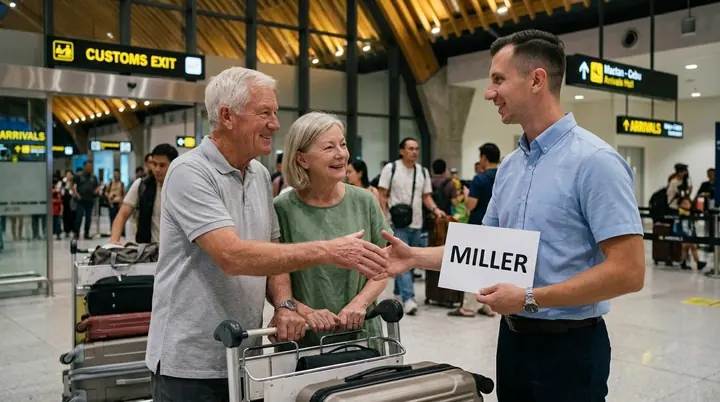 Our partner on Cebu with a name card shaking hands with a retired couple and their luggage trolley at the arrivals exit of Mactan airport