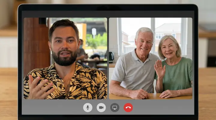 A video call on a laptop screen: one of our team explaining from a café in Cebu, a retired couple at their kitchen table listening and waving