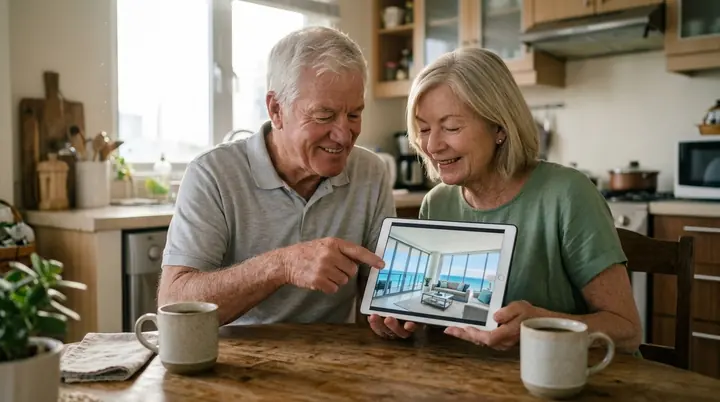 A retired couple at their kitchen table choosing an apartment from photos on a tablet