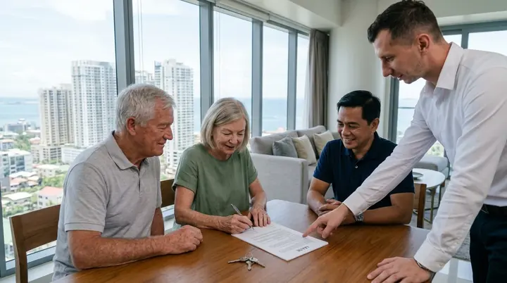 A retired couple signing the lease in a high-floor condo over the city, the owner at the table and our partner pointing at a line