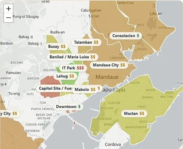 The Cebu Living Map zoomed into metro Cebu — every neighborhood shaded by fit and tagged with its real rent band ($ to $$$).