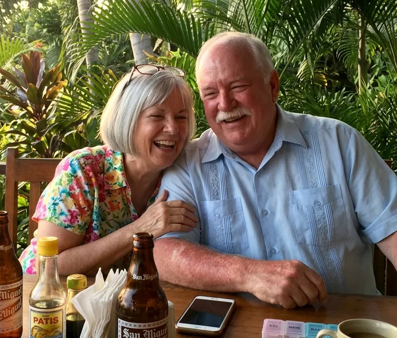Linda and Robert P. laughing at an outdoor table in Cebu, palms behind them